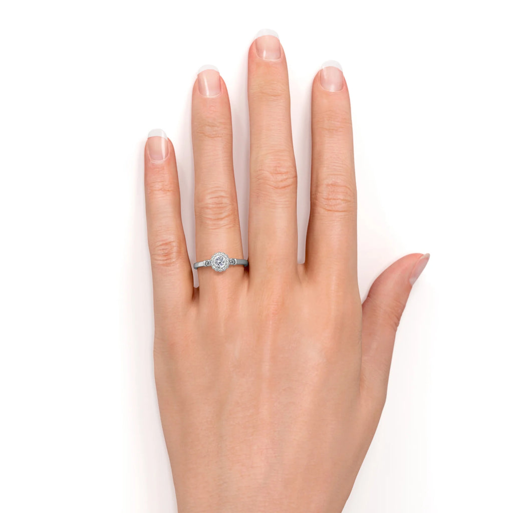 0.63 ct Bezel Set Round Cut Diamond Halo Engagement Ring in 10K White Gold F964809