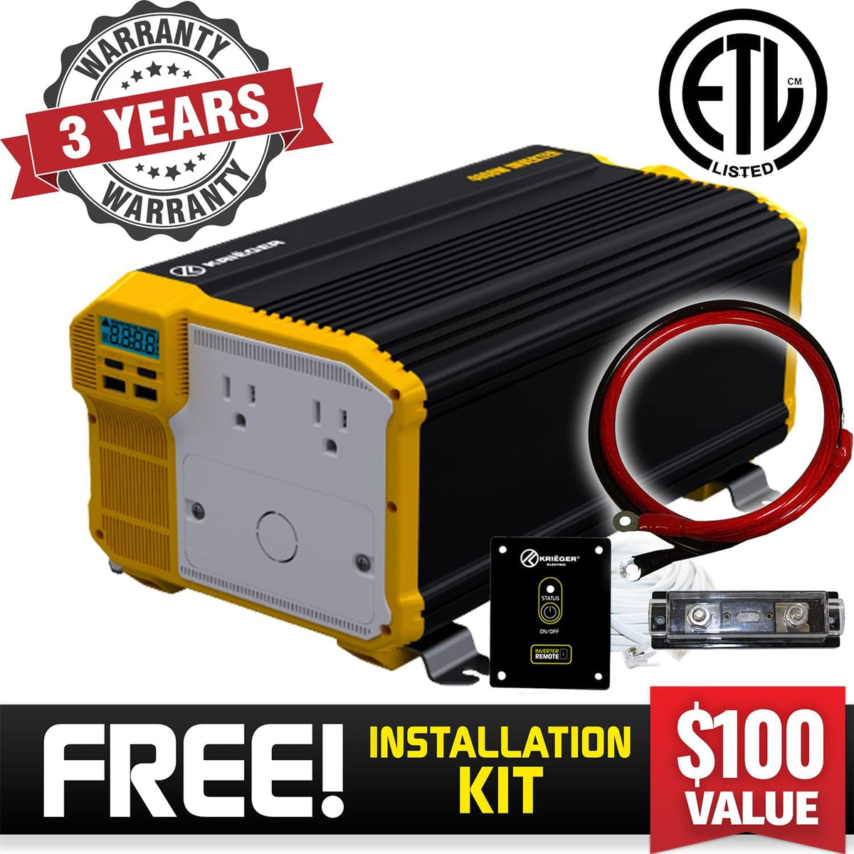 3000 Watts Power Inverter 12V to 110V Modified Sine Wave Dual AC Outlets Hardwire Kit L63917